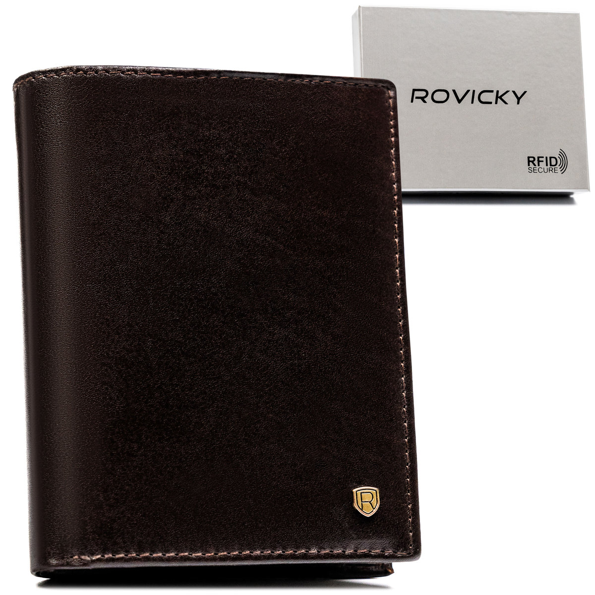 Brązowy klasyczny portfel męski ze skóry naturalnej ROVICKY duży rozbudowany na karty pionowy bez zapięcia pudełko na prezent ochrona RFID