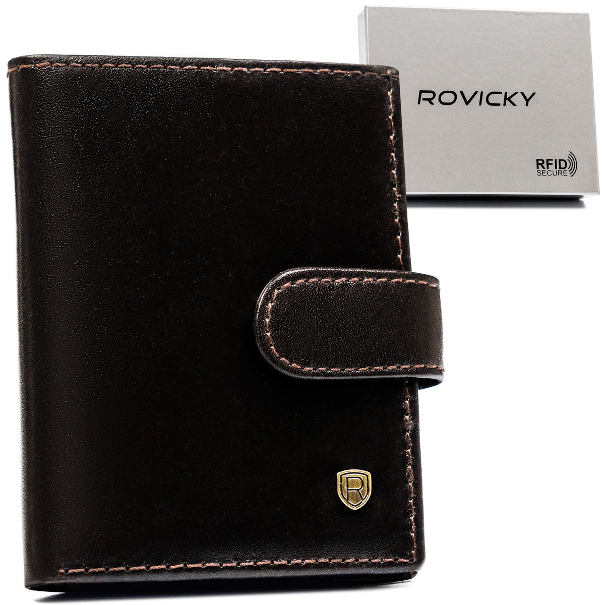 ROVICKY Męskie brązowe etui na karty pionowe na zatrzask skóra naturalna kieszeń na banknoty pudełko prezentowe ochrona RFID STOP