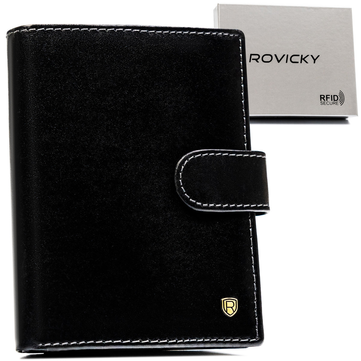 Rozbudowany duży pionowy portfel męski ROVICKY skórzany czarny na zatrzask karty gotówka dokumenty na prezent antykradzieżowy ochrona RFID