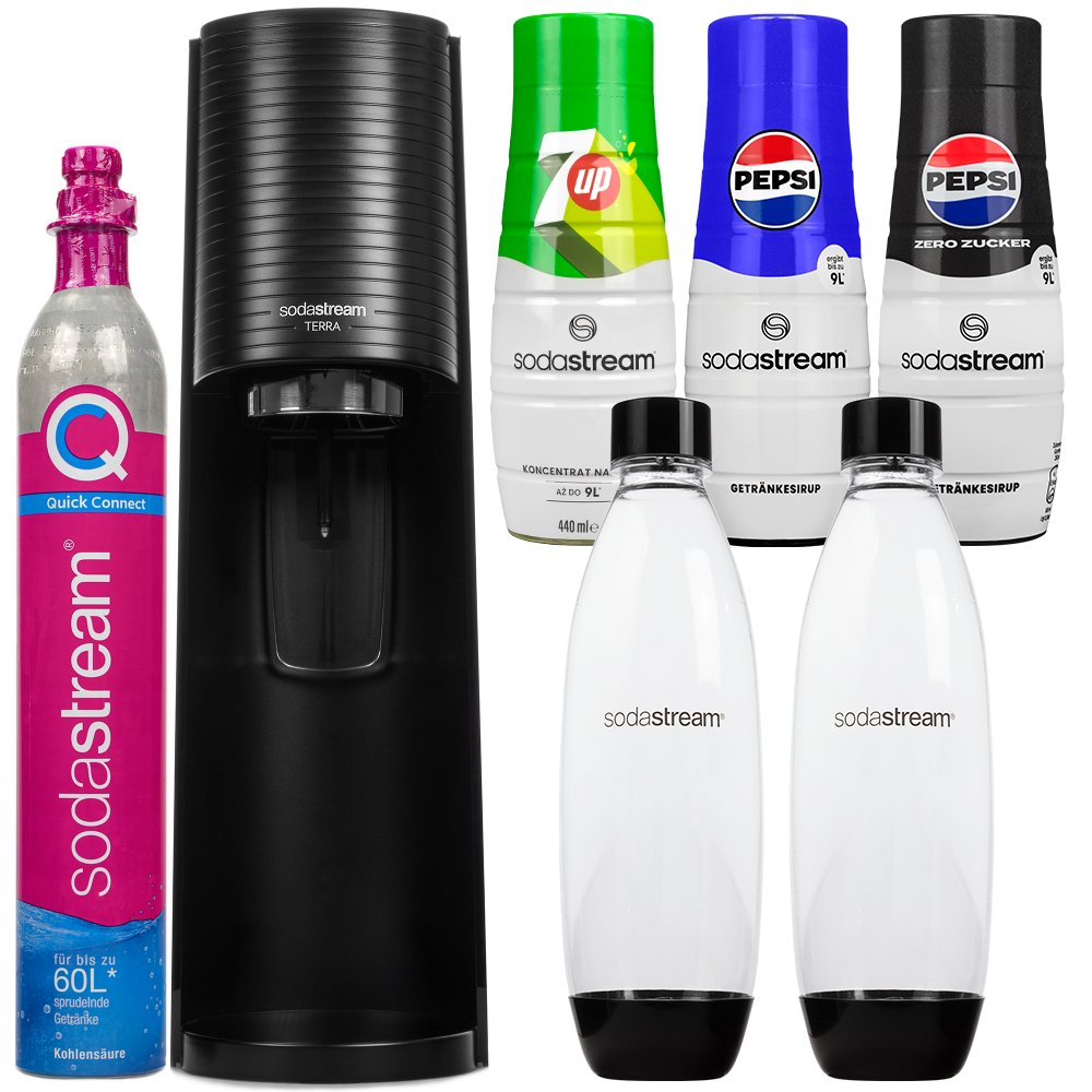 saturator do wody SODASTREAM Terra - czarny zestaw z butelkami i syropami gazowana woda bez cukru napoje domowe