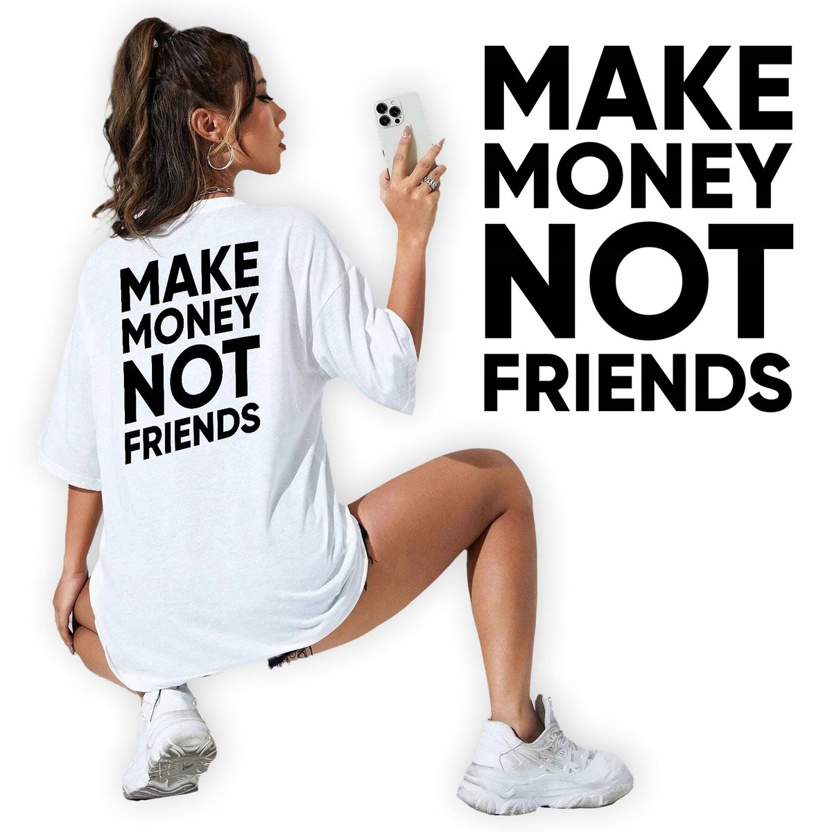 Koszulka T-Shirt Damska Oversize Streetwear Biała MAKE MONEY NOT FRIENDS