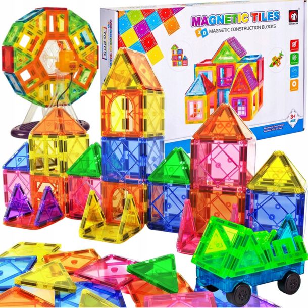 Klocki Magnetyczne Konstrukcyjne Edukacyjne Z Naklejkami Kolorowe 70 El.