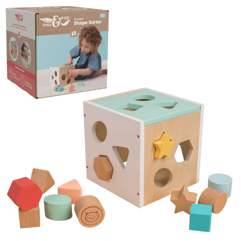 Owl & Fox Drewniany Sorter Kształtów Kostka Edukacyjna Montessori 12m+