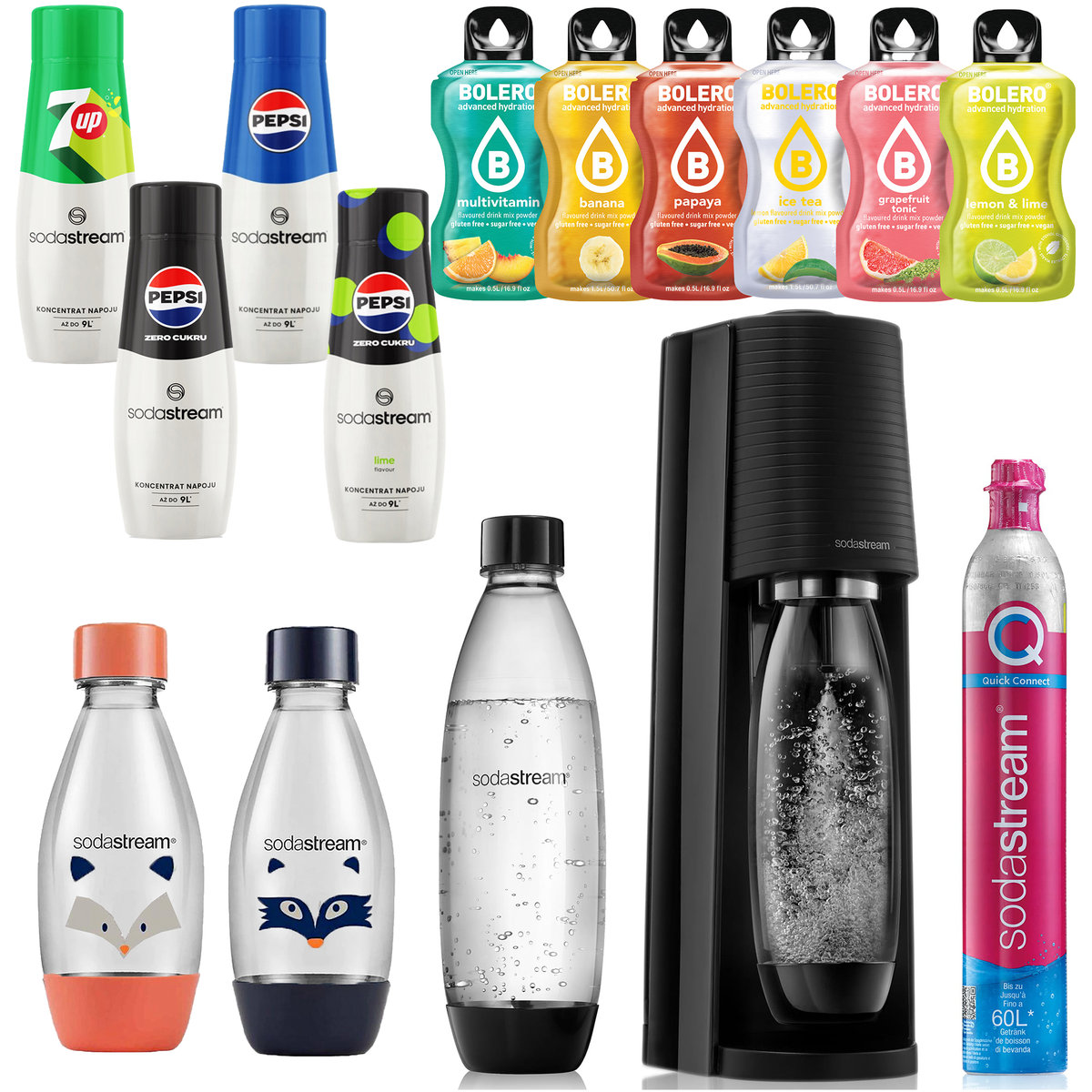 SODASTREAM TERRA SATURATOR NABÓJ BUTELKI 1x 1L FUSE 2x 0,5L MOB + 4x Syrop