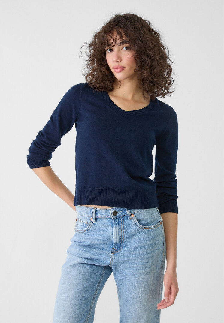 Stradivarius Dzianinowy sweter basic z dekoltem w serek Morski S