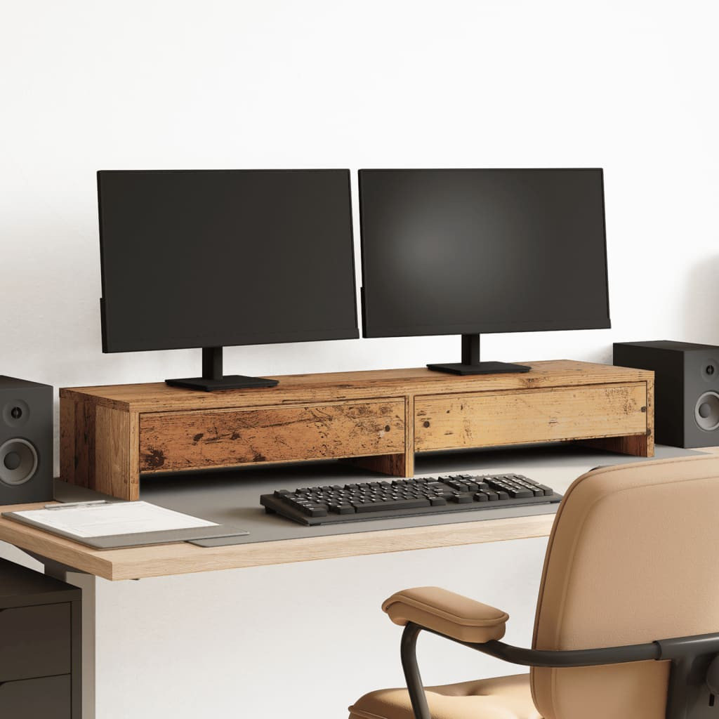 Podstawka Pod Monitor, Z Szufladami, Stare Drewno, 100X27X15 Cm