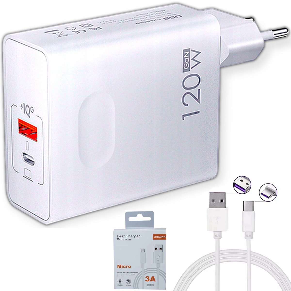 ŁADOWARKA SZYBKA SIECIOWA USB QC GAN WTYCZKA KOSTKA FAST CHARGE 120W +KABEL