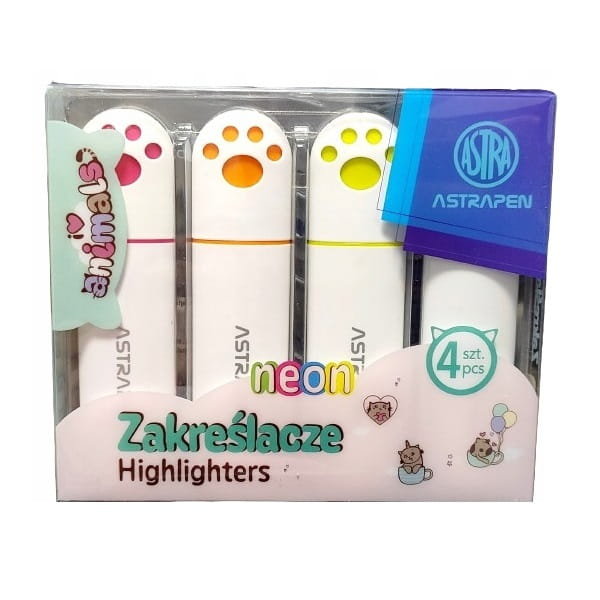 ASTRA, zakreślacze z łapkami astrapen animals neon 4 kolory
