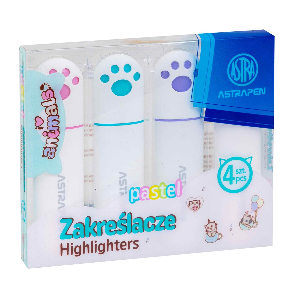 ASTRA, zakreślacze z łapkami astrapen animals pastelowe 4 kolory