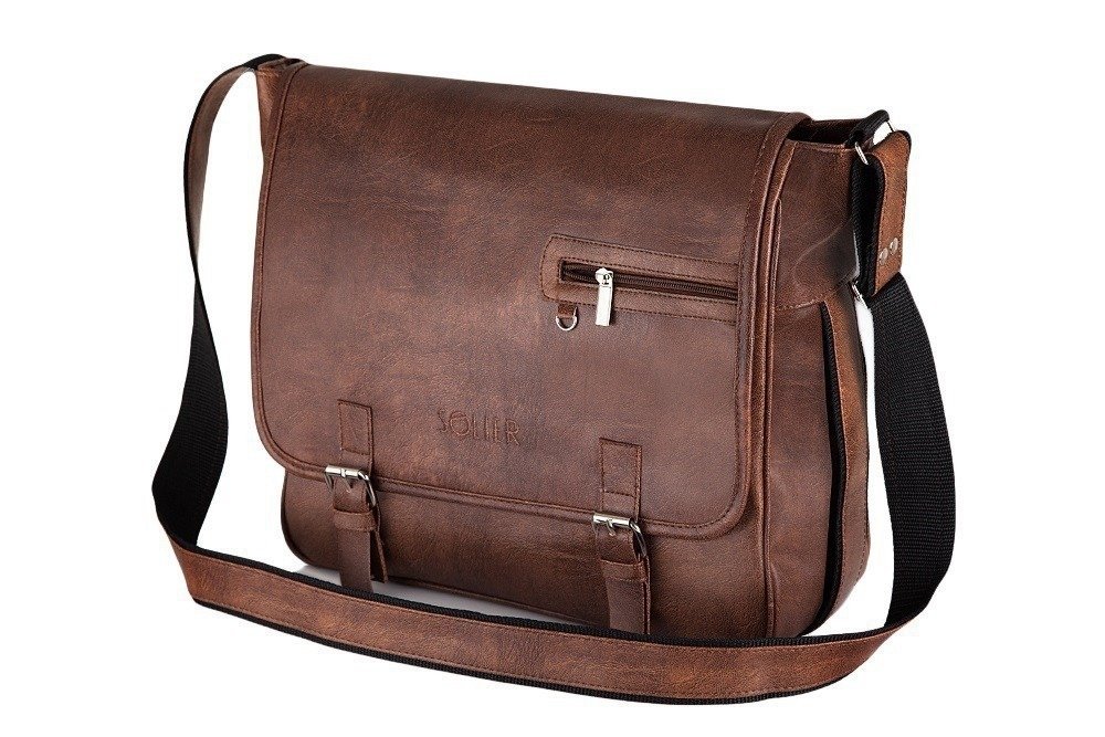 Solier, torba męska S12 na ramię casual, ekoskóra, brązowa vintage