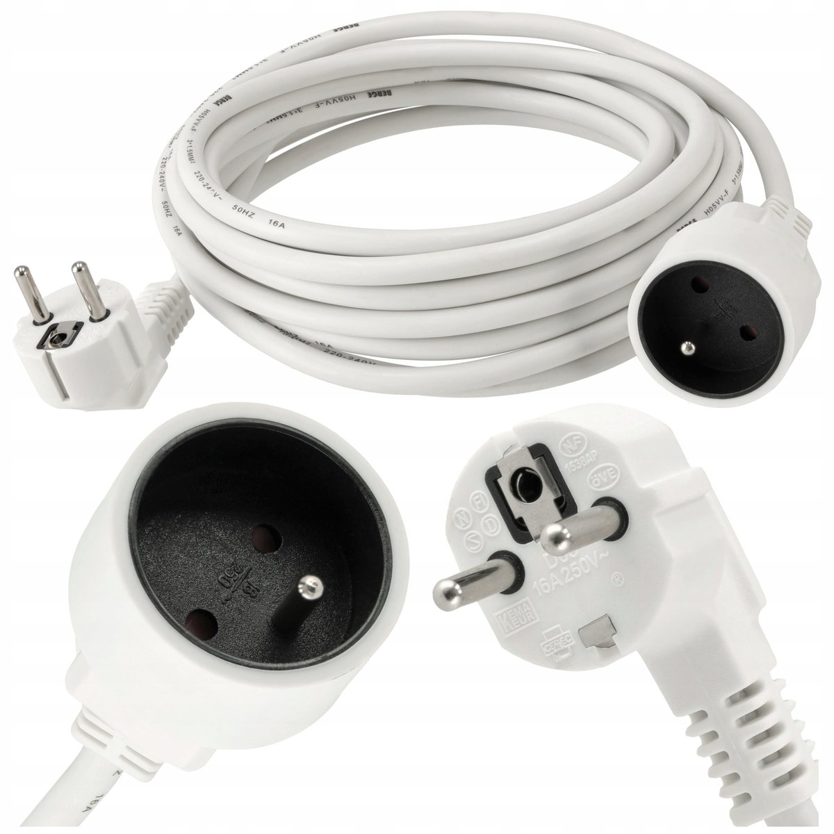 Przedłużacz Sieciowy Z Uziemieniem 1 Gniazdo 5M Biały Budowlany 2500W