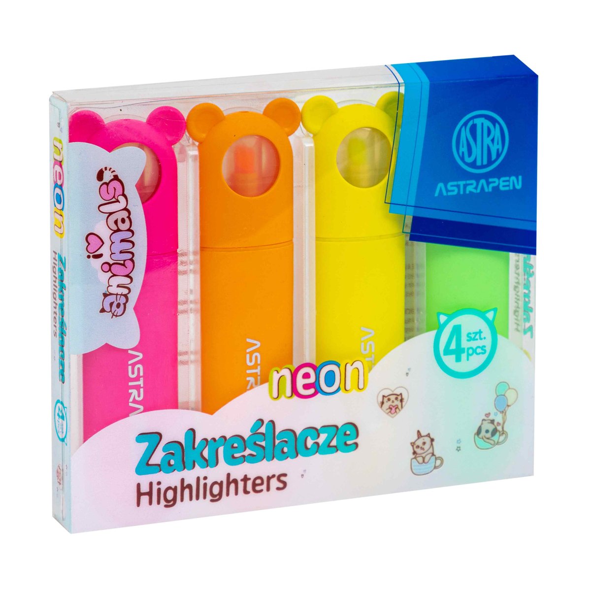 ASTRA, zakreślacze z uszkami astrapen animals neon 4 kolory