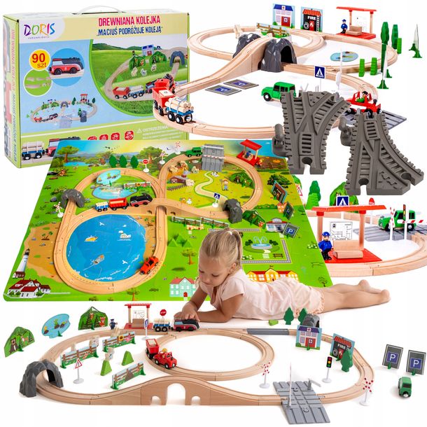 DUŻA DREWNIANA KOLEJKA pociąg na baterie dźwięki MATA PUZZLE + ZWROTNICE