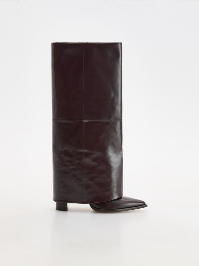 Reserved - Skórzane kozaki z podwójną cholewką - mahoniowy