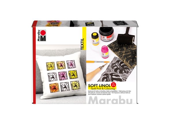 Zestaw do nadruków na tkaninach techniką linorytu Marabu SOFT LINOL farby i akcesoria - 7 szt.