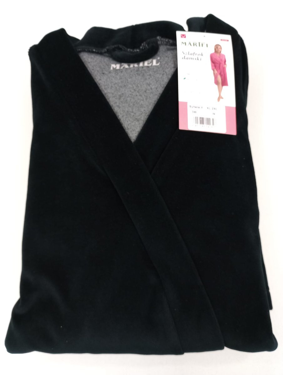 SZLAFROK DAMSKI XL/2XL CZARNY CIEPŁY MIĘKKI DŁUGI ELEGANCKI WIĄZANY WELUROWY