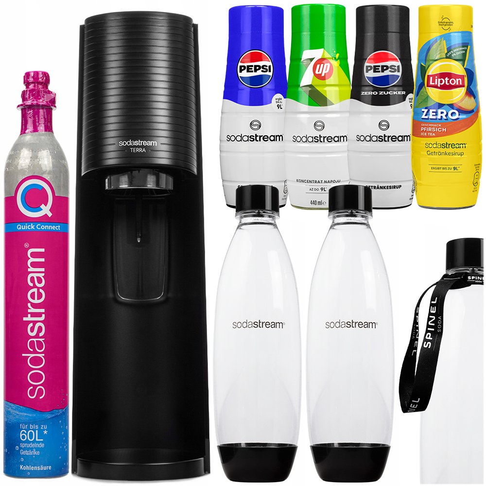 saturator do wody SODASTREAM Terra - czarny zestaw z syropami Pepsi 7up Lipton butelkami Quick Connect bez BPA domowa woda gazowana