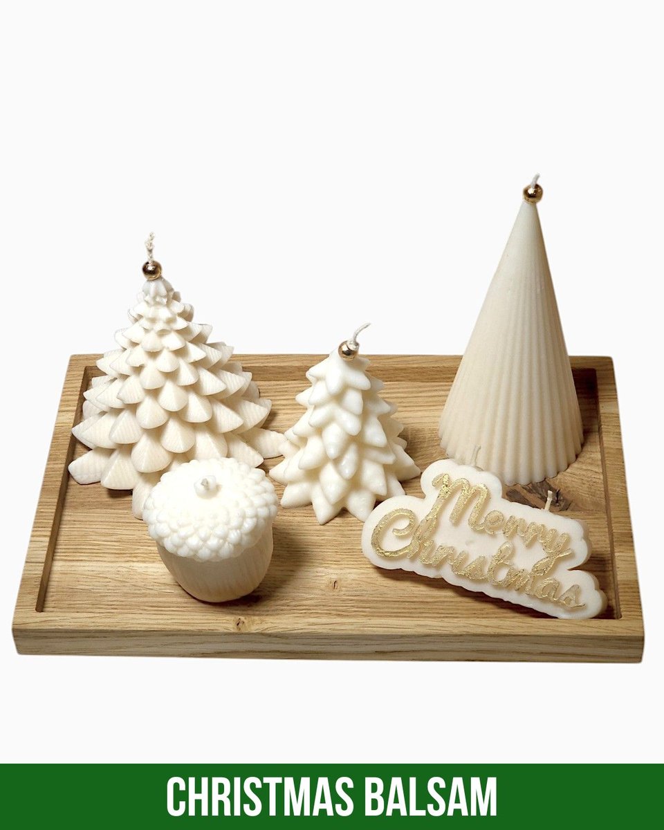 Zestaw Świąteczne Życzenia – 6 elementów – 5 świece – Drewniana Podstawka – Dekoracja na Boże Narodzenie – Zapach Christmas Balsam