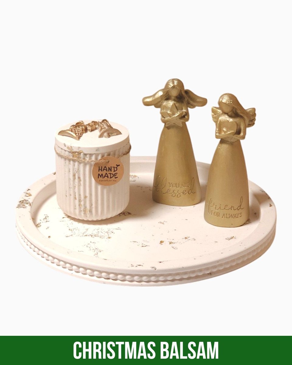 Zestaw Świąteczny Złota Anielska Harmonia - 4 elementy - 2 złote anioły - Podstawka – Świeca Sojowa o Zapachu Christmas Balsam