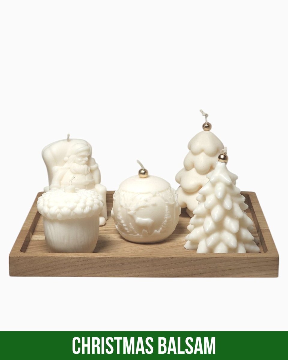 Zestaw Śnieżny Wieczór – 6 elementów – 5 świece – Drewniana Podstawka – Dekoracja na Boże Narodzenie – Zapach Christmas Balsam