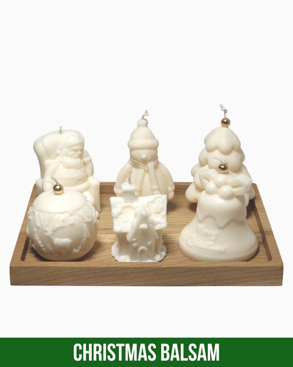 Zestaw Zimowy Poranek – 6 elementów – 5 świece – Drewniana Podstawka – Dekoracja na Boże Narodzenie – Zapach Christmas Balsam