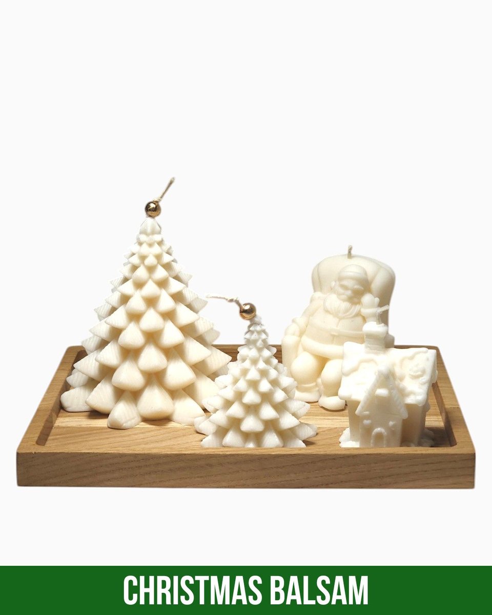 Zestaw Mikołajkowy Zakątek - 5 elementów - 4 świeczki - Drewniana Podstawka - Dekoracja na Boże Narodzenie - Zapach Christmas Balsam