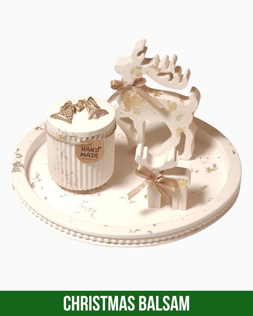 Zestaw Świąteczny Magia Złotych Reniferów – 4 elementy – 2 Renifery – Podstawka – Świeca Sojowa o Zapachu Christmas Balsam