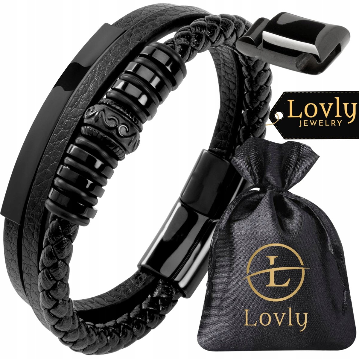 MODNA Skórzana Bransoletka Męska STAL NIERDZEWNA Czarna PREMIUM DLA NIEGO