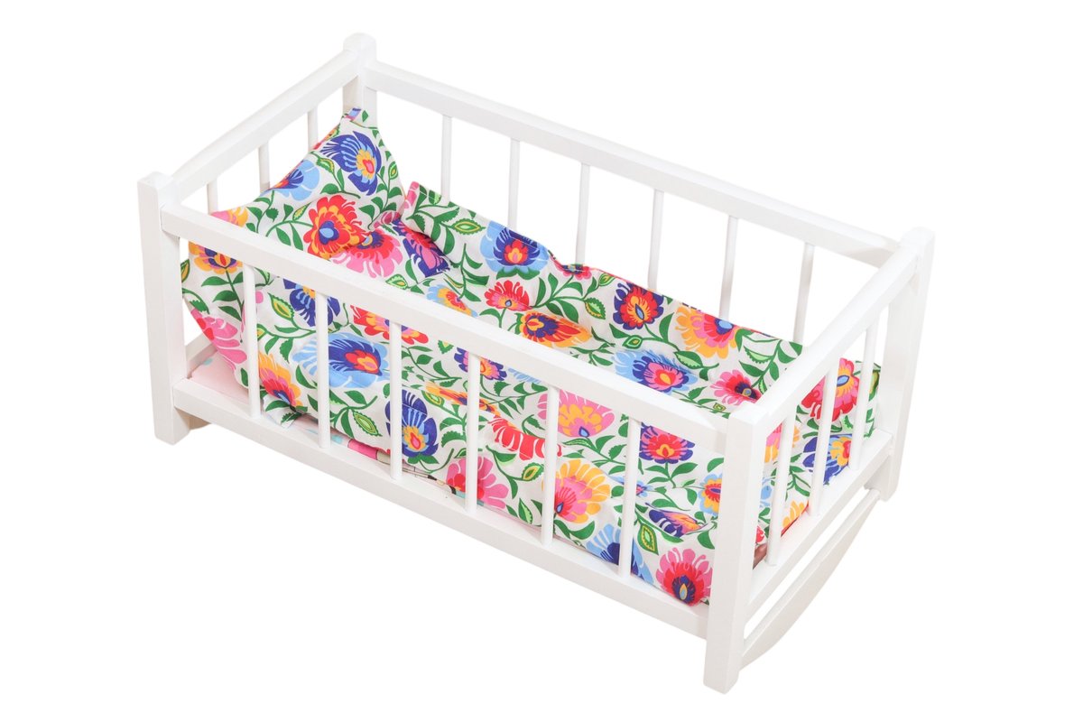 KOŁYSKA DREWNIANA łóżeczko BIAŁE dla lalek z materacem i pościelą wzór kwiatowy