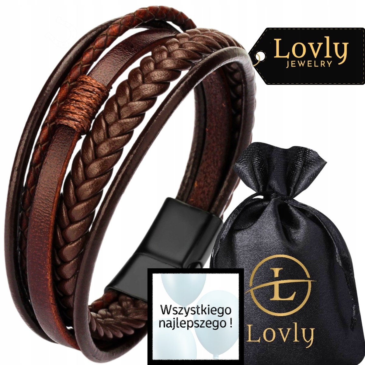 BRĄZOWA SKÓRZANA BRANSOLETKA MĘSKA ELEGANCKA STAL NIERDZEWNA 316L