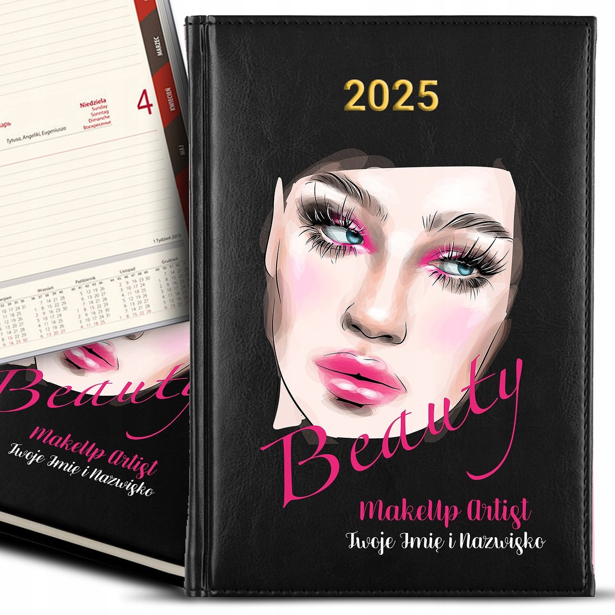 KALENDARZ A5 2025 Czarny Na Prezent Dla KOSMETYCZKI Beauty Make Up Imię Wz