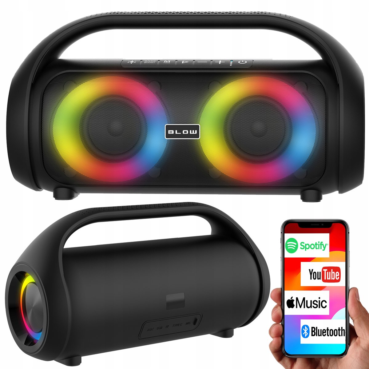 GŁOŚNIK BLUETOOTH PRZENOŚNY BEZPRZEWODOWY WODOODPORNY IPX5 RADIO FM USB RGB