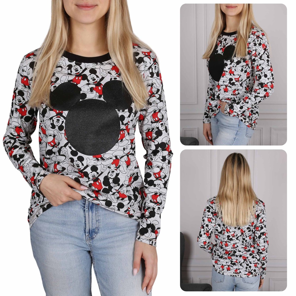DISNEY Myszka Mickey Damska bluzka z długim rękawem, szara, bawełniana S