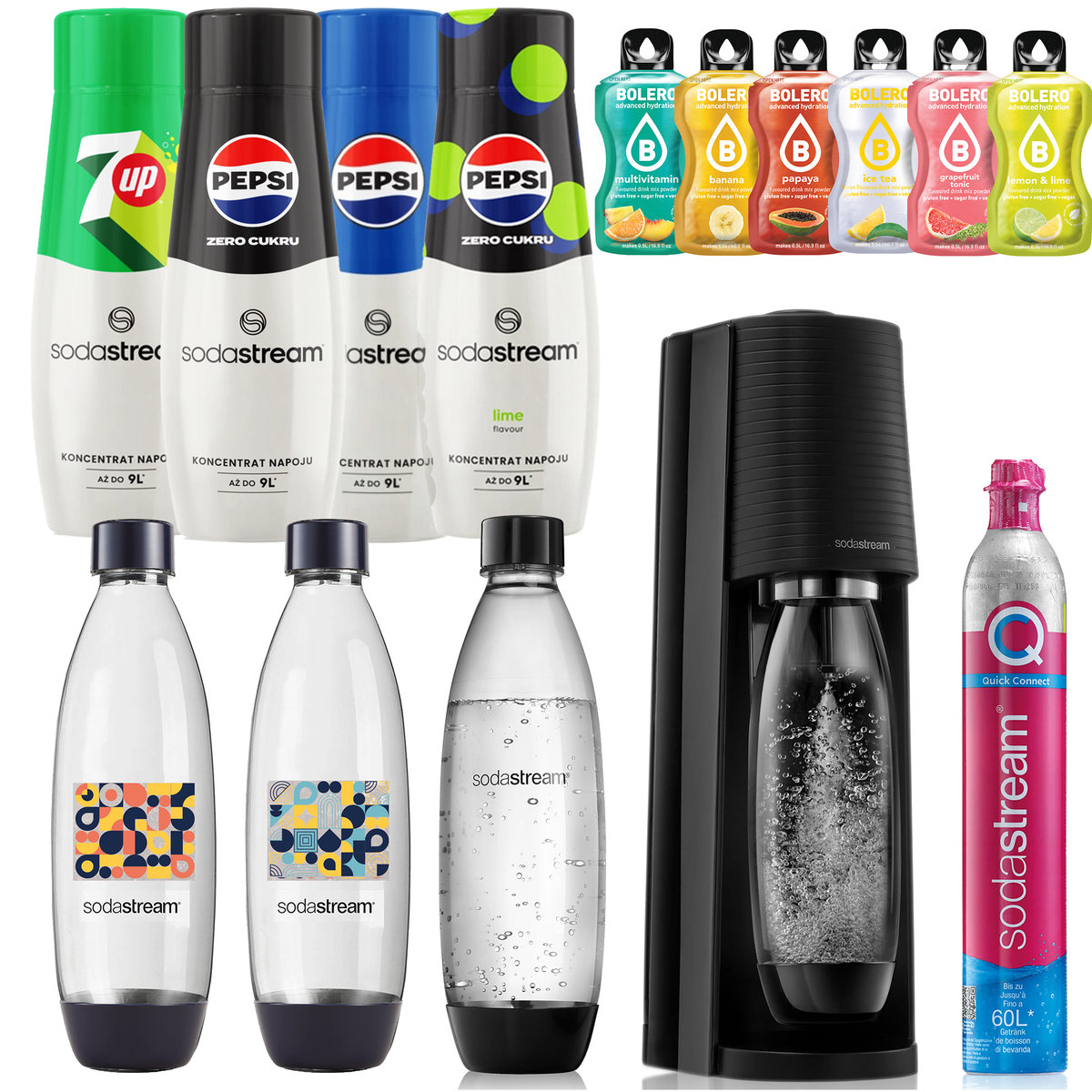 SODASTREAM TERRA SATURATOR NABÓJ 3 BUTELKI 1L FUSE I GEOMETRIA + 4x Syrop