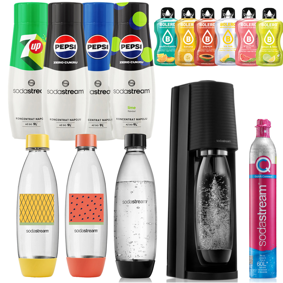 SODASTREAM TERRA SATURATOR NABÓJ 3 BUTELKI 1L FUSE i SE + 4x Syrop