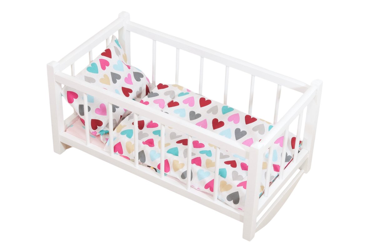 KOŁYSKA DREWNIANA łóżeczko BIAŁE dla lalek z materacem i pościelą w duże serca