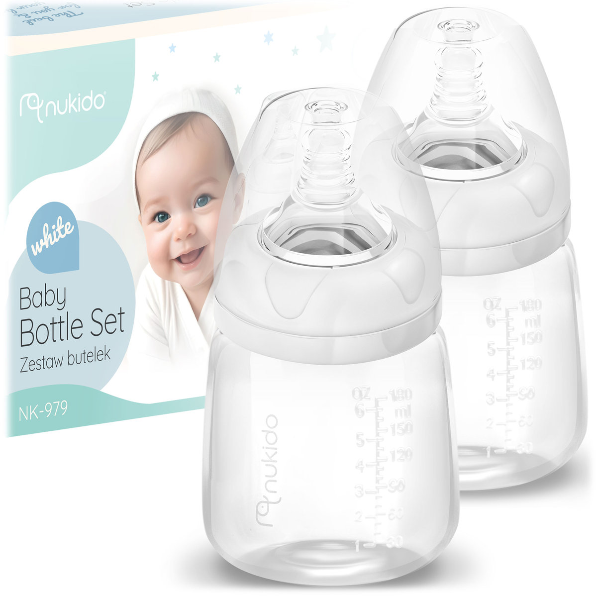 Nukido, 2x butelka do mleka karmienia 0m+ 180ml dynamiczny smoczek