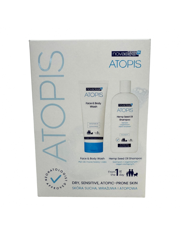 Atopis Zestaw Płyn do mycia twarzy i ciała 200 ml + Szampon z organicznym olejem konopnym 250 ml Novaclear