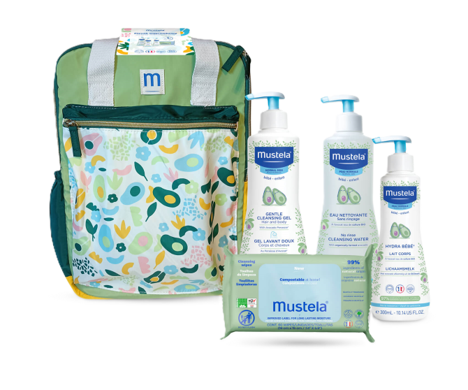 MUSTELA ZESTAW Plecak Wyprawkowy: Żel do mycia 500ml + Woda oczyszczająca 500ml + Mleczko do ciała 300ml + Chusteczki