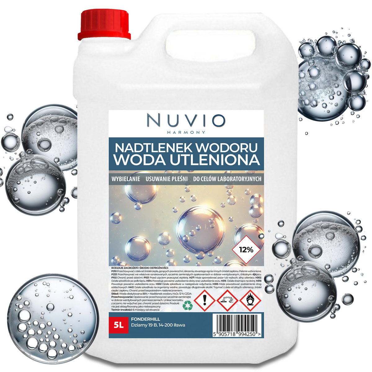 Woda utleniona 12% Nadtlenek wodoru 5L wybielanie dezynfekcji NUVIO