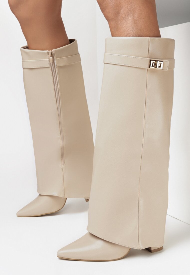 Beżowe Kozaki z Szeroką Cholewką i Szpiczastym Noskiem Jazmynn