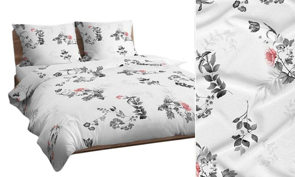 Pościel 140x200 biała grafitowa liście kwiaty bawełna Max