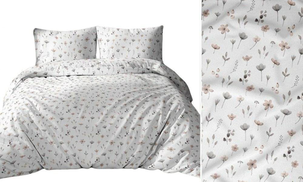Pościel 140x200 biała szara kwiaty gałązki bawełna Max