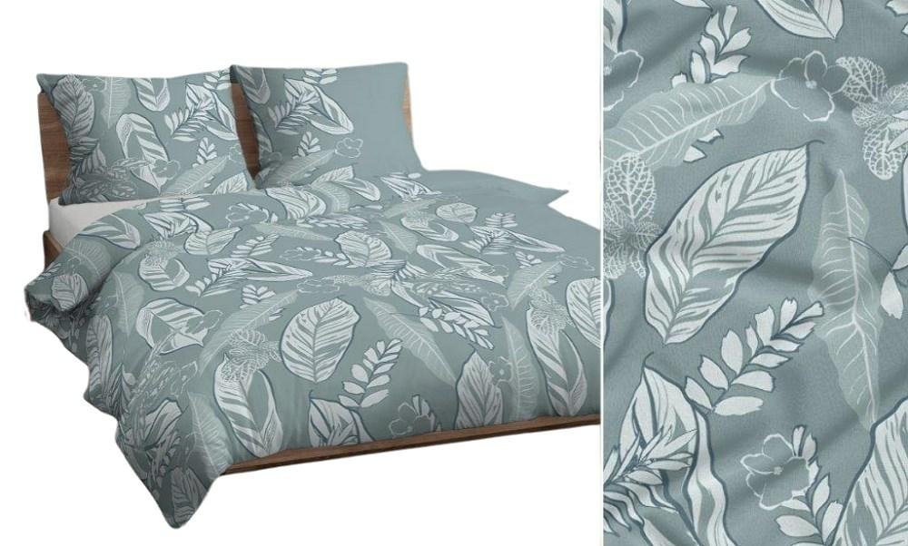 Pościel 160x200 miętowa biała liście bawełna Max