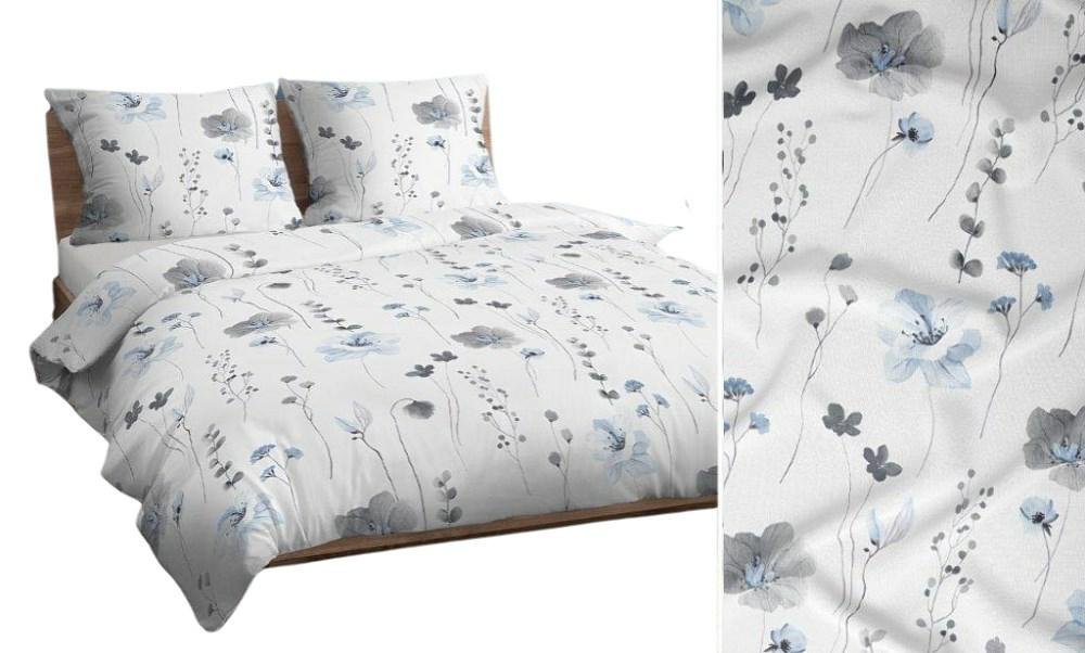 Pościel 140x200 biała szara niebieska kwiaty bawełna Max