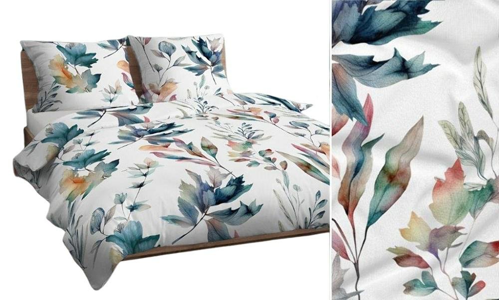 Pościel 160x200 biała turkusowa pomarańczowa liście bawełna Max