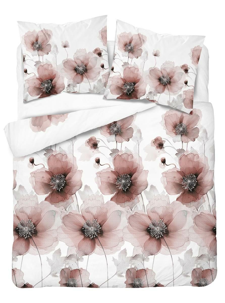 Pościel satynowa 220x200 biała różowa pudrowa kwiaty Home Satin