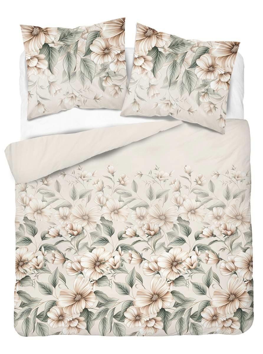 Pościel satynowa 220x200 kremowa zielona bezowa jasna kwiaty liście Home Satin