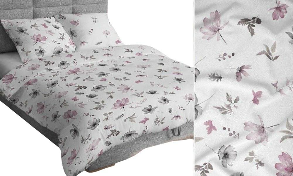 Pościel 140x200 biała różowa szara kwiaty liście bawełna Max