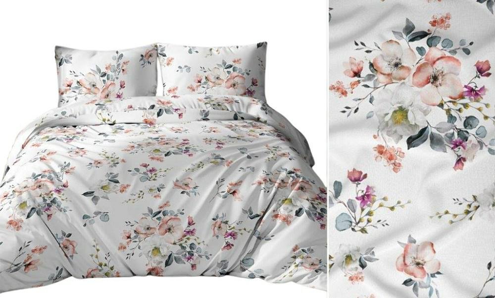 Pościel 140x200 biała szara wielokolorowa kwiaty liście bawełna Max